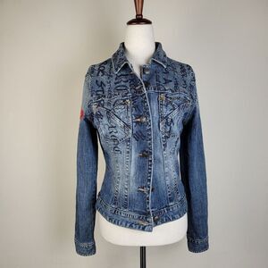 Rocawear Jacket Womens Medium Blue Denim Jean Trucker Y2K Urban Hip Hop Graffiti